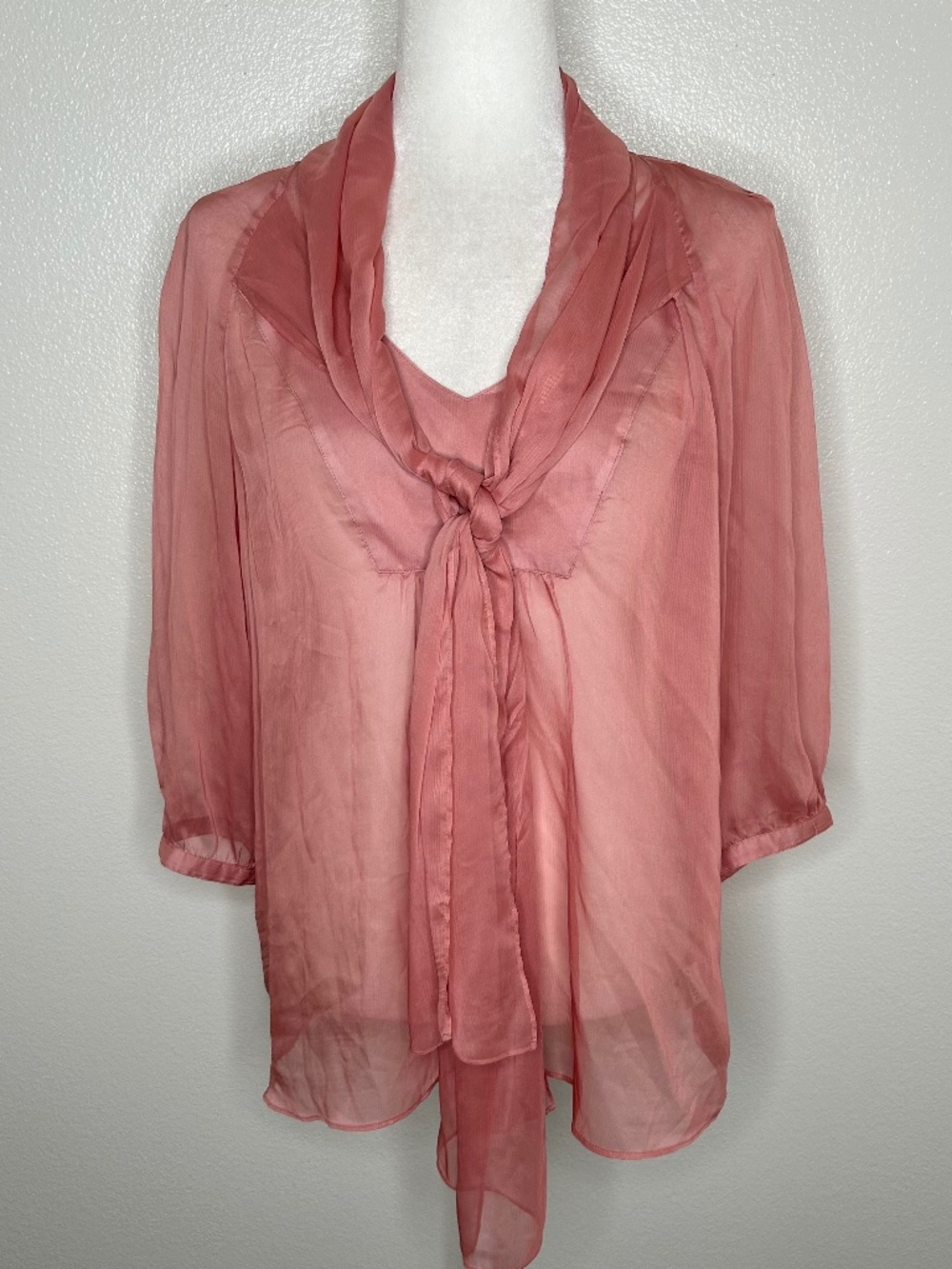 Fossil Womens Blush Pink V-Neck Tie-Front Top Blouse 3/4 Sleeve Blouse Size L